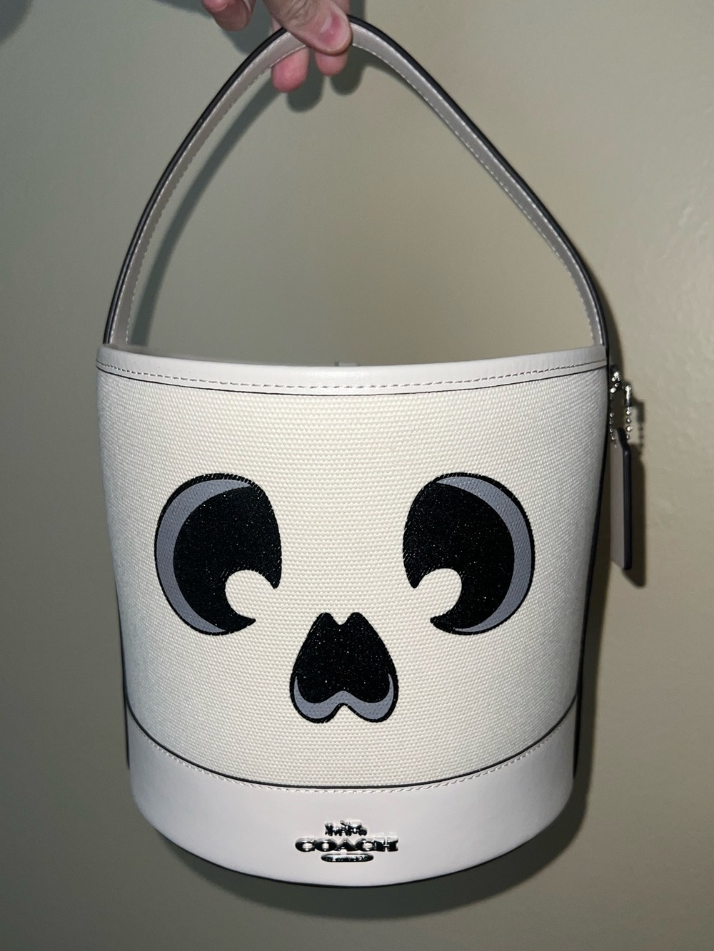 Coach White Canvas Mini Bucket Bag with Playful Face Motif